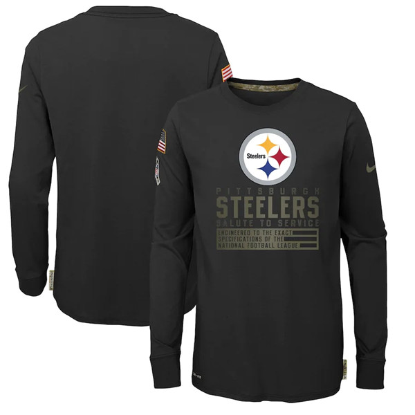 Youth Pittsburgh Steelers 2020 Black Salute To Service Sideline Performance Long Sleeve T-Shirt - Click Image to Close